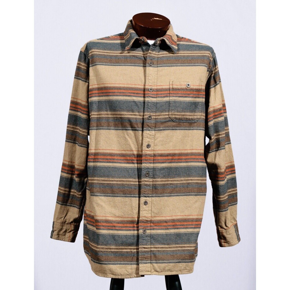 Bob Timberlake Beige Blue Stripe 100% Cotton Button Up Soft Casual Shirt Sz LT